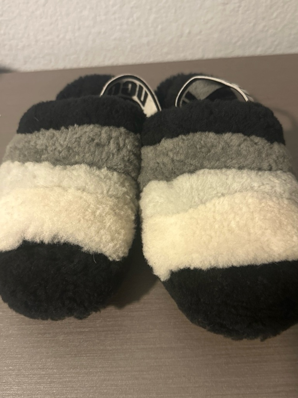 UGG Women's Striped Faux-Sherpa Slide Slippers in Black, Gray & Cream